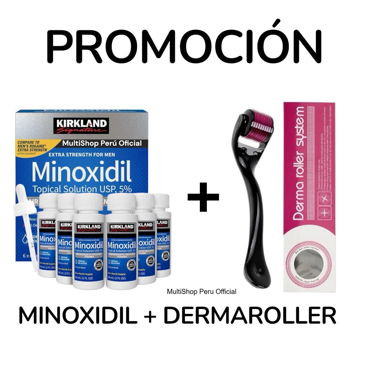 KIRKLAND - 1 CAJA Minoxidil liquido Kirkland 6 Frascos + 1 Dermaroller 0.5mm