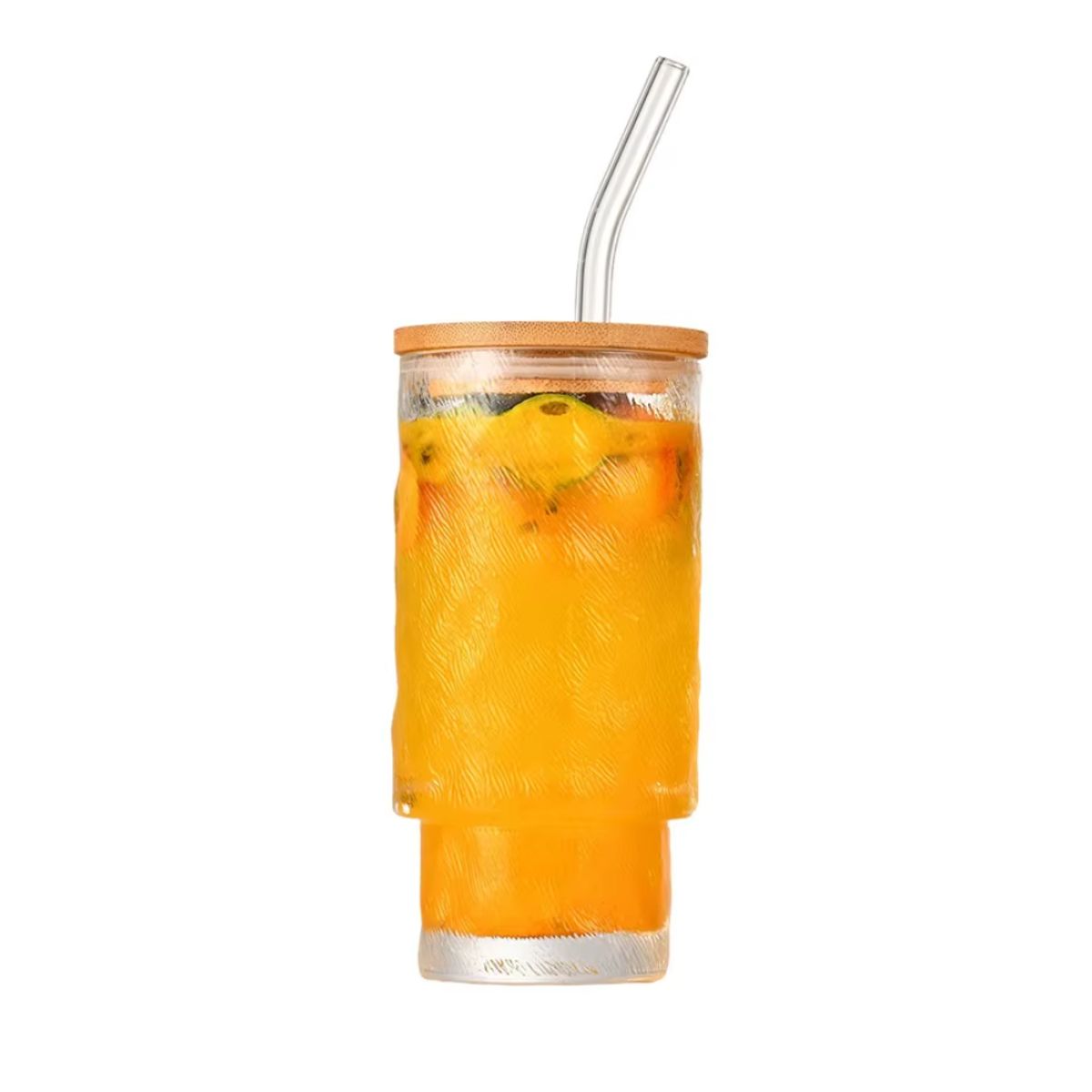 HYGGE - Vaso de Vidrio Borosilicato Texturizado con Tapa de Bambú y Sorbete