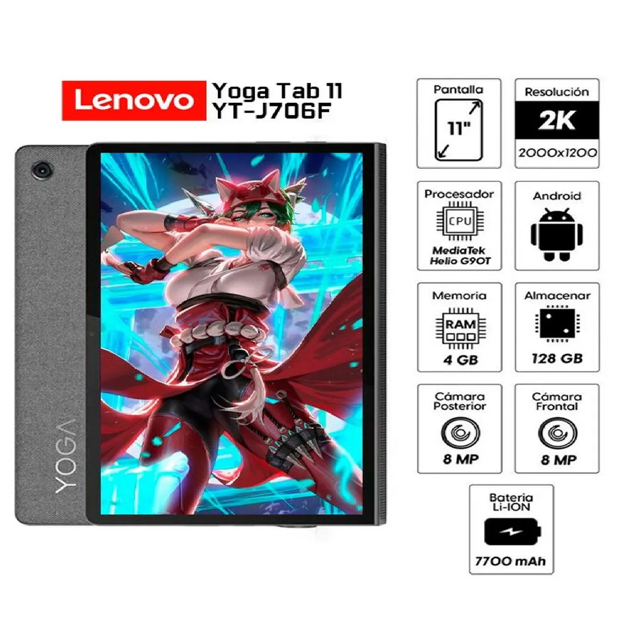 LENOVO - Tablet Lenovo Yoga Tab 11 YT-J706F 11" 2K 4GB 128GB Android 12 - Negro