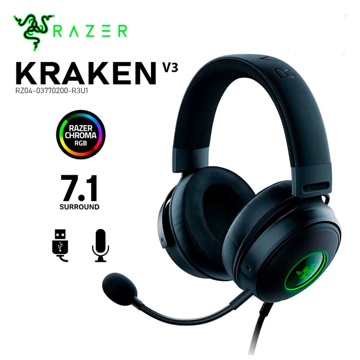 RAZER - RAZER KRAKEN V3 7.1 USB Chroma Audífonos Multiplataforma - Negro  (RZ04-03750300-R3U1)