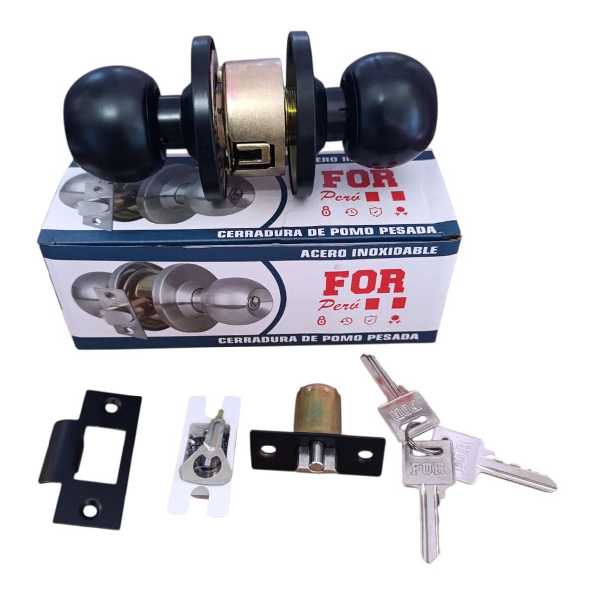 GENERICO - Chapa negro mate pomo redondo de bronce pesado con llaves de bronce