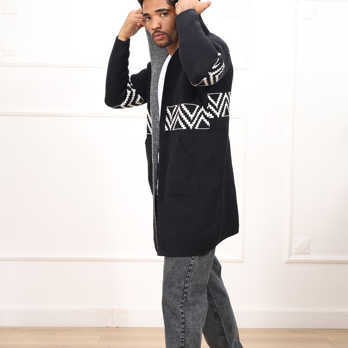 DM DEXMEN - Abrigo Dexmen Tejido Fred con Diseño Negro