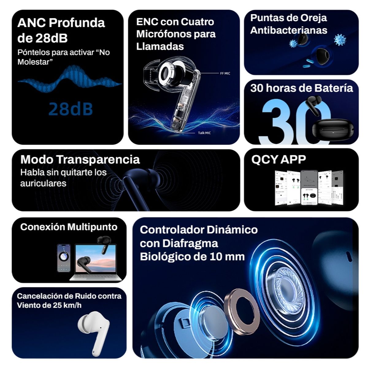 Qcy - Audífonos Bluetooth QCY T13 ANC2 Con Cancelación de Ruido 28dB