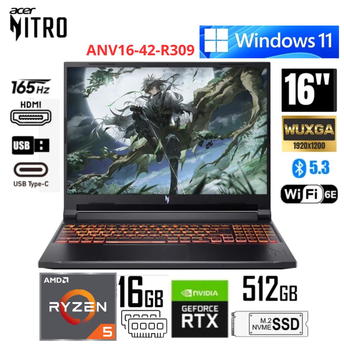 ACER - Laptop Acer Nitro V16 AI ANV16-42-R309 AMD Ryzen 5 240 512GB 16GB  RTX 5050 16" WUXGA