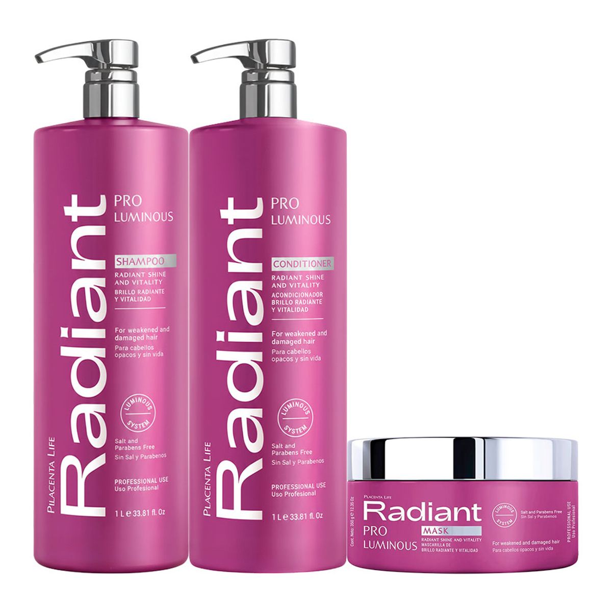 PLACENTA LIFE - Radiant Keratin Pro Luminous Shampoo Acondicionador y Mascarilla 1L