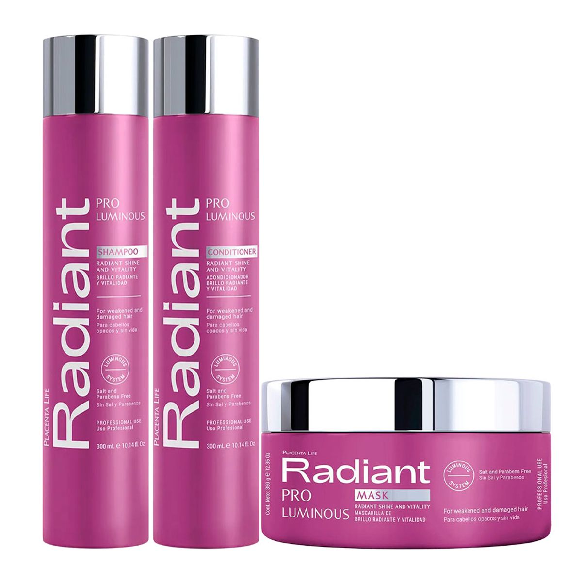 PLACENTA LIFE - Radiant Keratin Pro Luminous Shampoo Acondicionador y Mascarilla 300ml