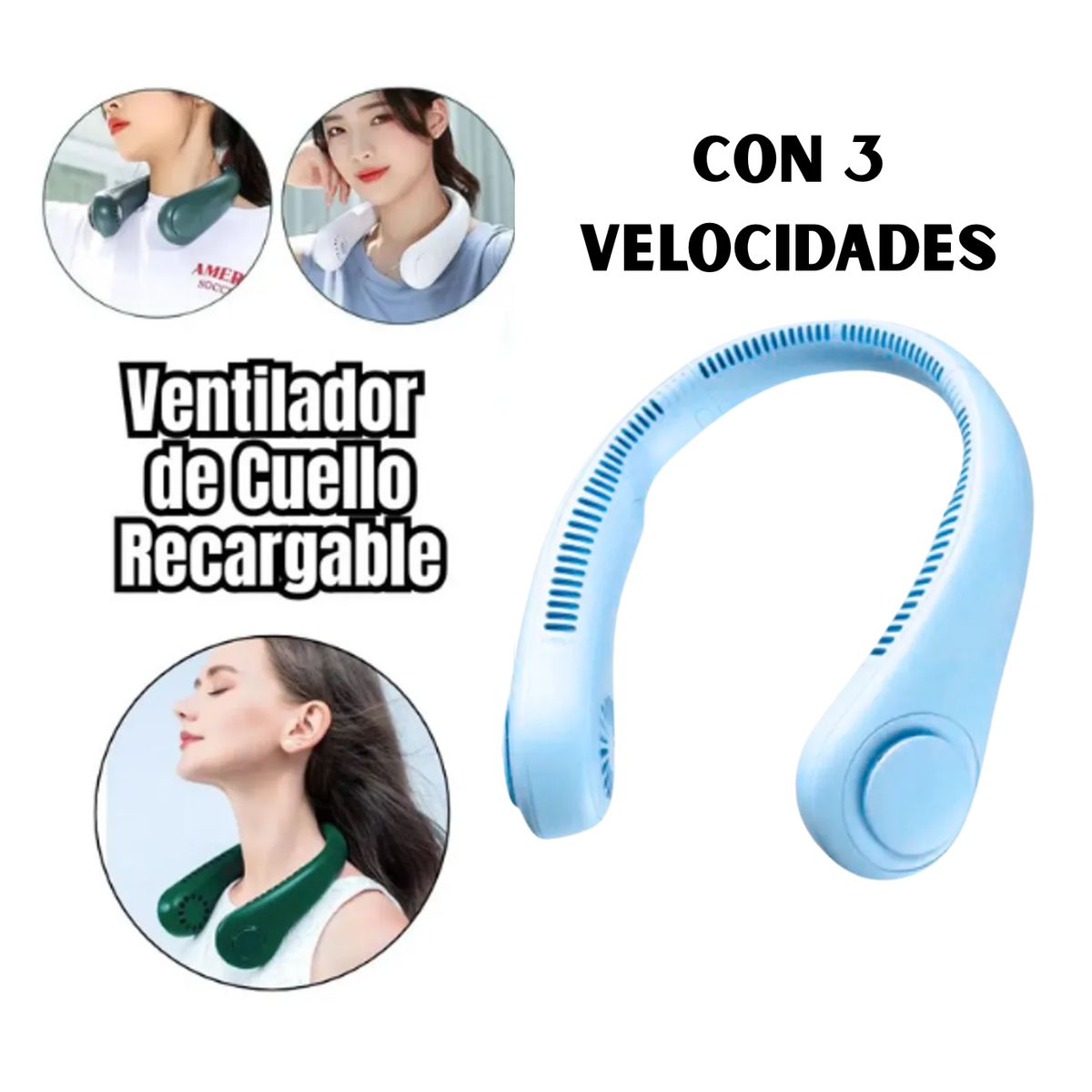 GENERICO - VENTILADOR PARA CUELLO RECARGABLE COLOR CELESTE 3 VELOCIDADES