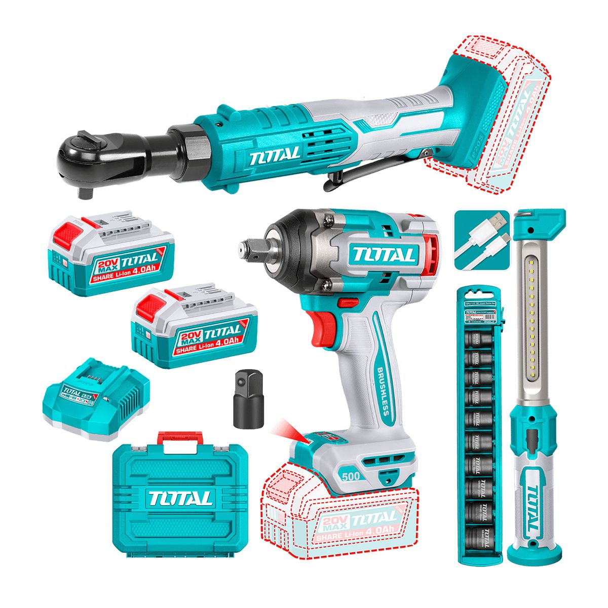 TOTAL TOOLS - COMBO 3 EN 1 LLAVE IMPACTO + RATCHET 65NM + LINTERNA TOTAL TOSLI250981
