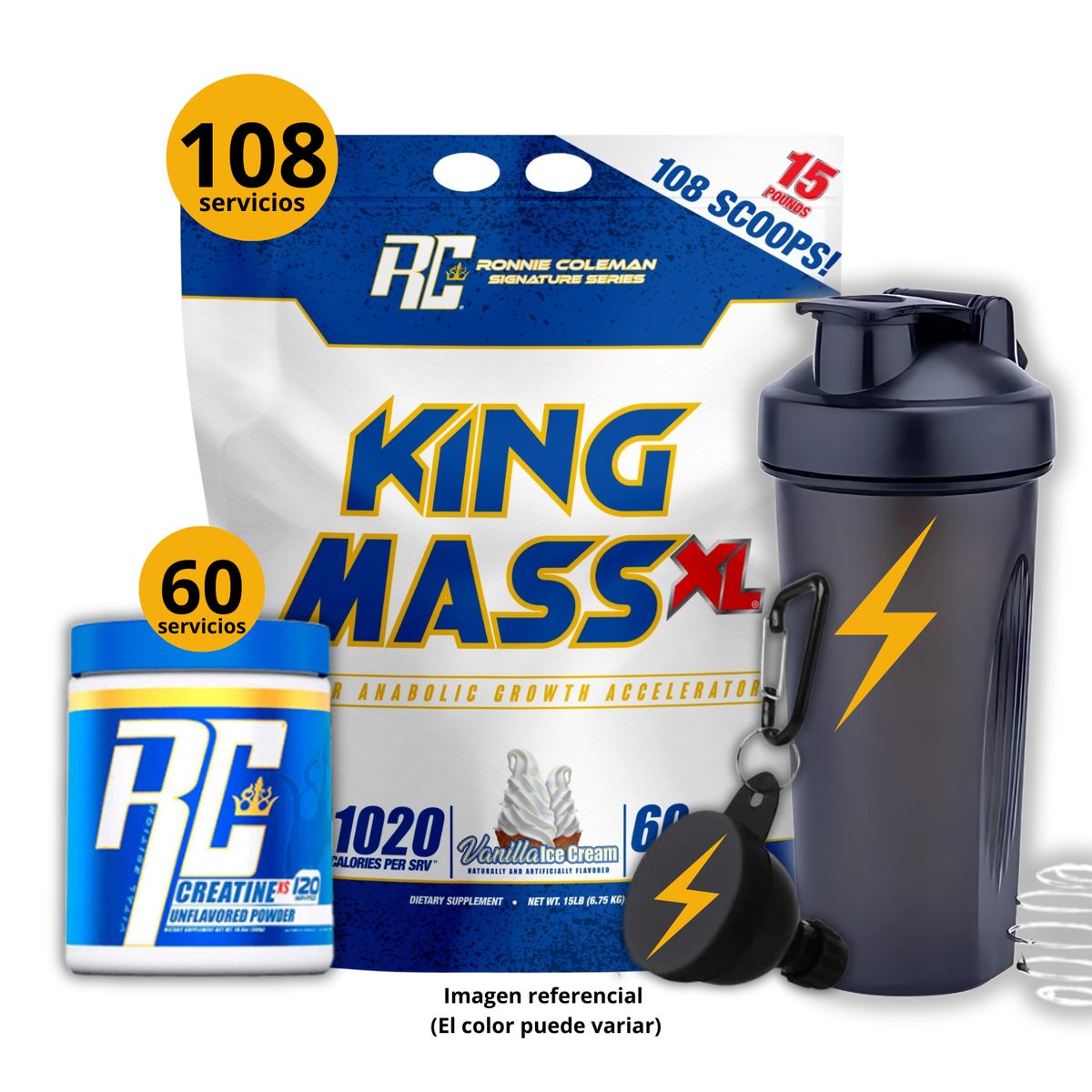 RONNIE COLEMAN - GANADOR DE PESO KING MASS 15LB -VAINILLA ICE CREAM + CREATINA RONNIE COLEMAN 300GR + REGALOS