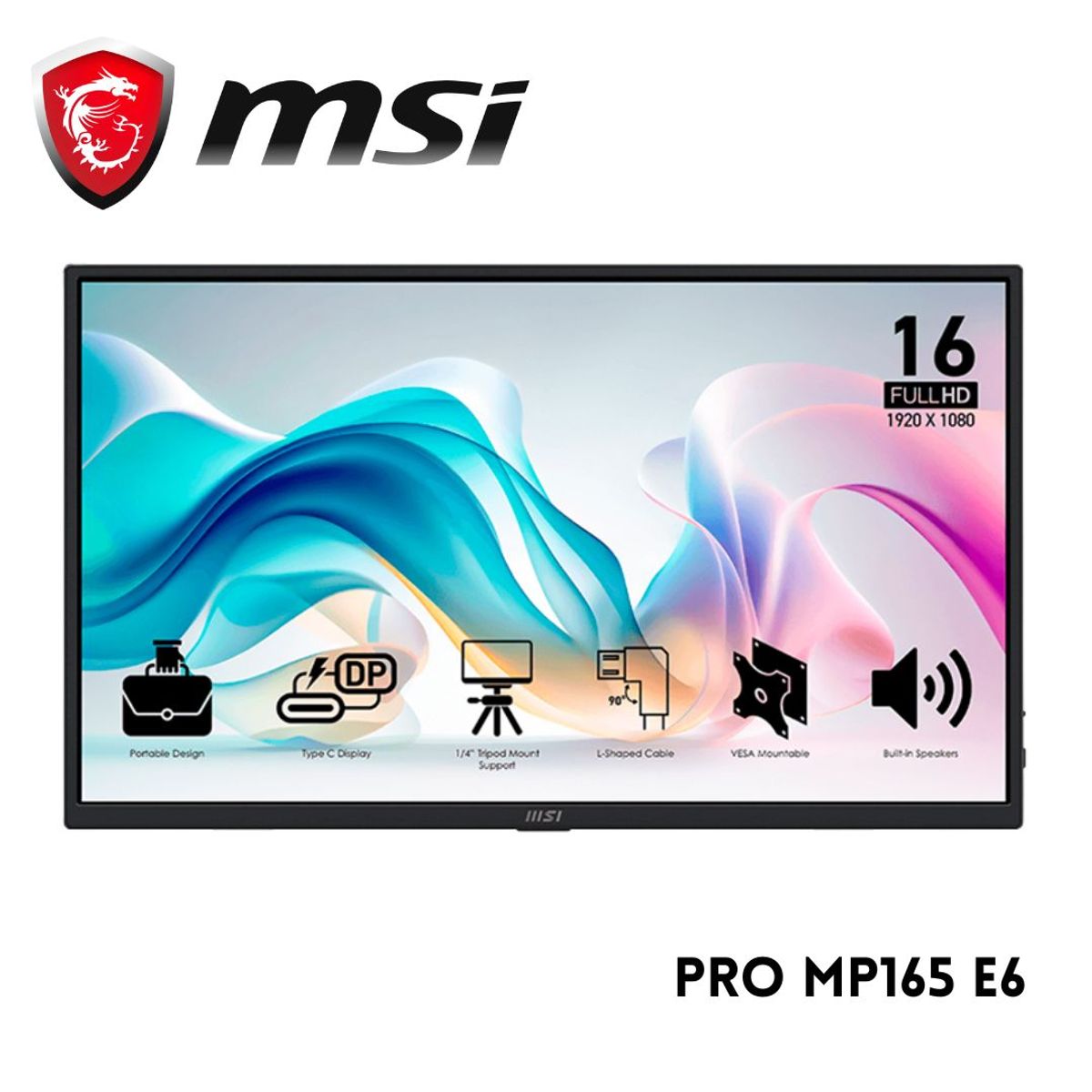 MSI - Monitor Portatil Plano MSI PRO MP165 E6, 15.6" FHD/IPS/HDMI x1/Tipo-C x2/Parlante: 2 x 1W