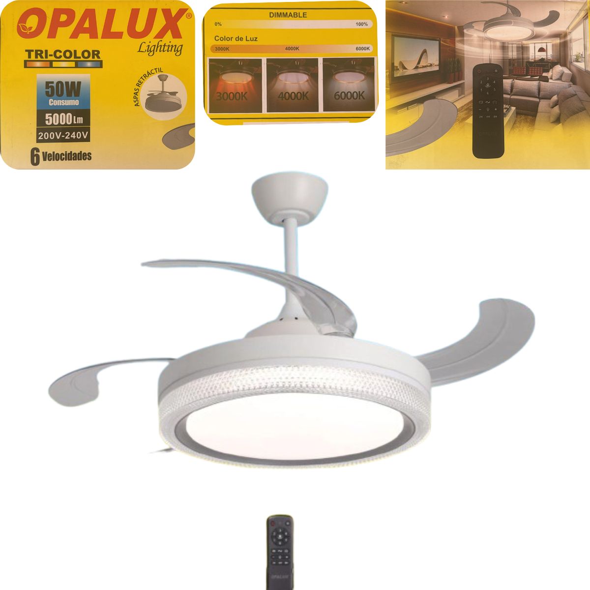 OPALUX - LAMPARA  VENTILADOR CON ASPAS DESPLEGABLES RETRACTILES DE 06 VELOCIDADES