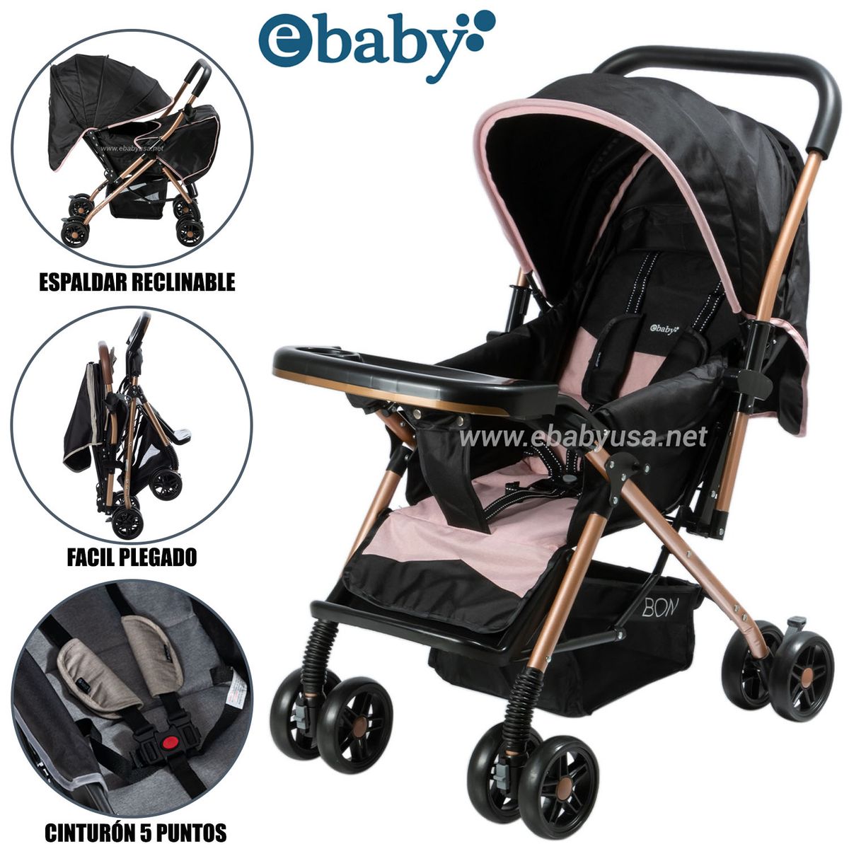 EBABY - Coche Cuna de Lujo «BON» Reclinable Rosado-Negro