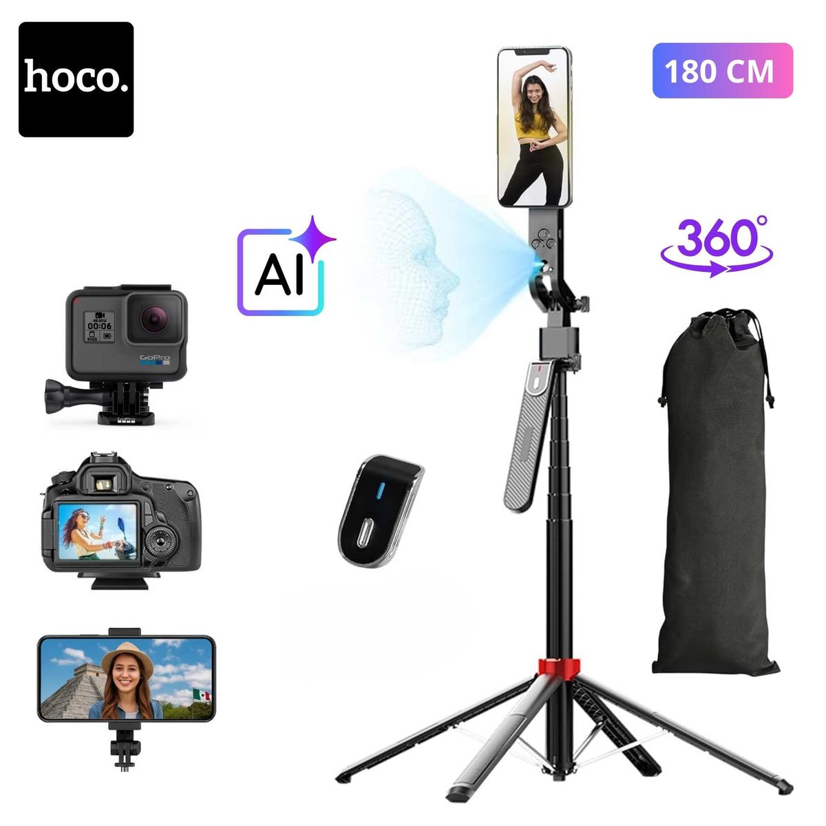 HOCO - Tripode Selfie Stick 180CM con Seguimiento Facial Inteligente 360° HOCO
