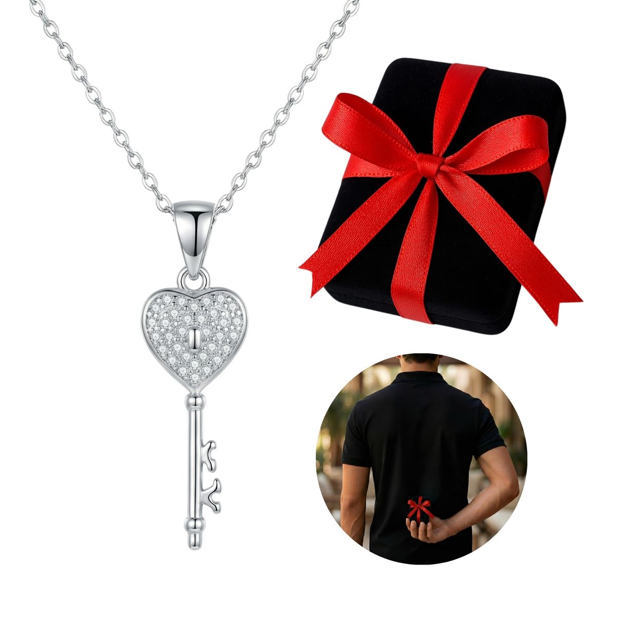 KARMY - Collar Mujer Corazón Llave Regalo Novia Aniversario Acero Plateado