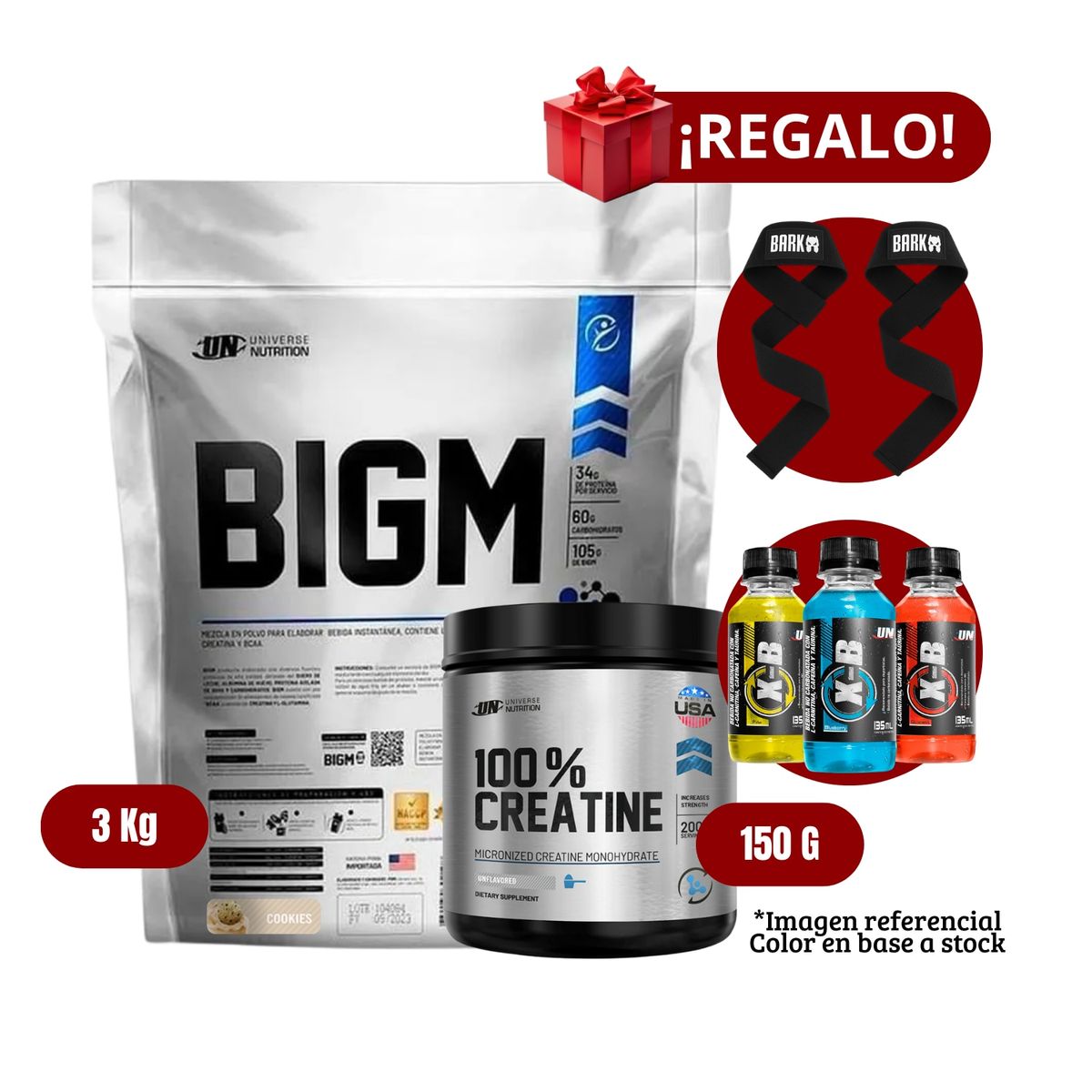 UNIVERSE NUTRITION - Proteína BIGM 3Kg Cookies+Universe Nutrition 150g+Straps + XB