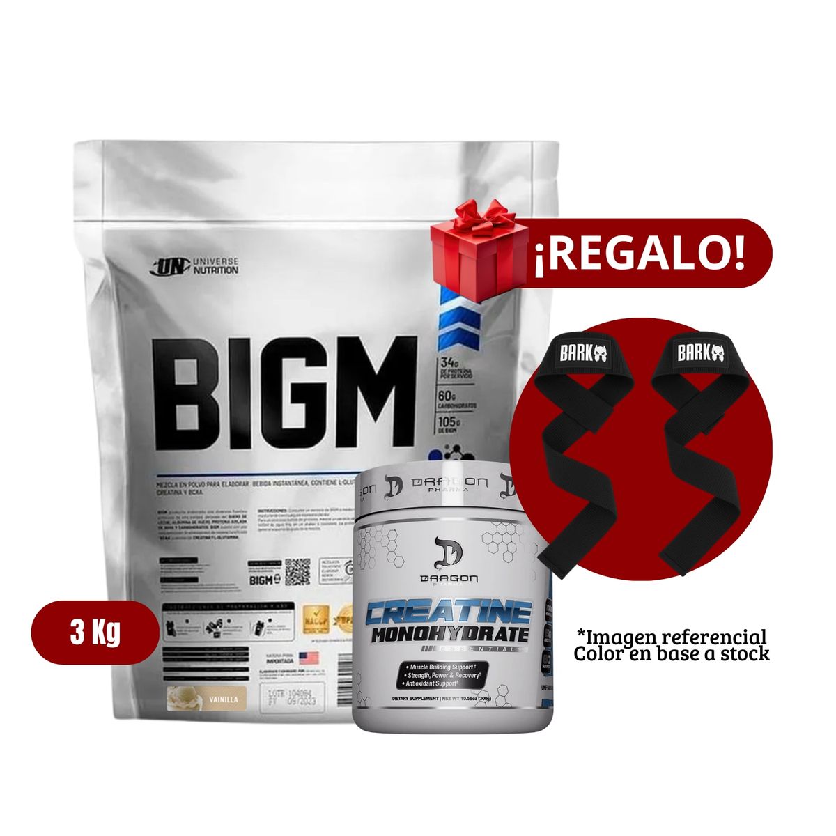 UNIVERSE NUTRITION - Proteína BIGM 3Kg Vainilla+Dragon Pharma 300g+Straps