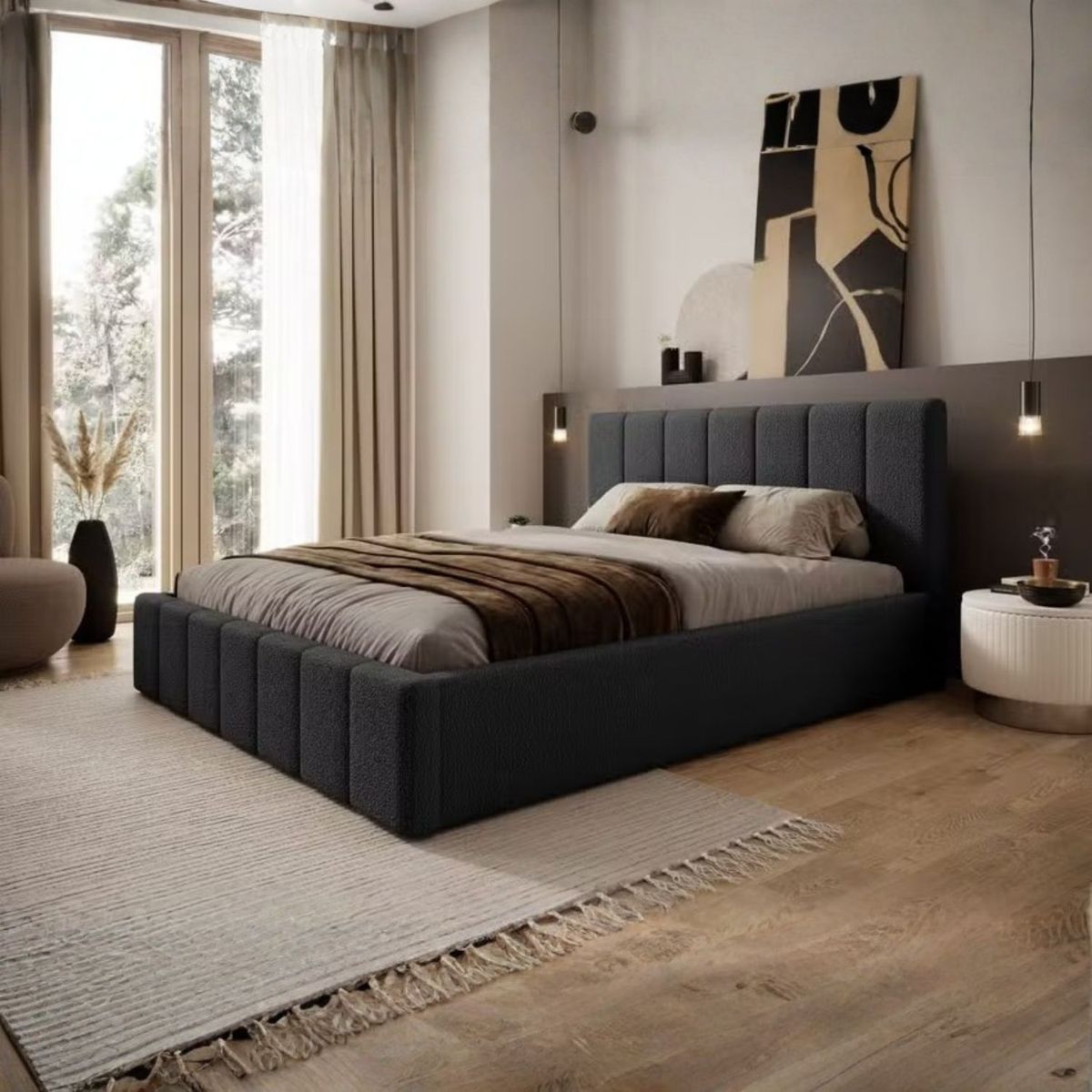 GENERICO - Cama Americana 2 Plazas Modelo Fio Tapizado en Tela Chenille Antifluido Acolchado - LMUEBLE