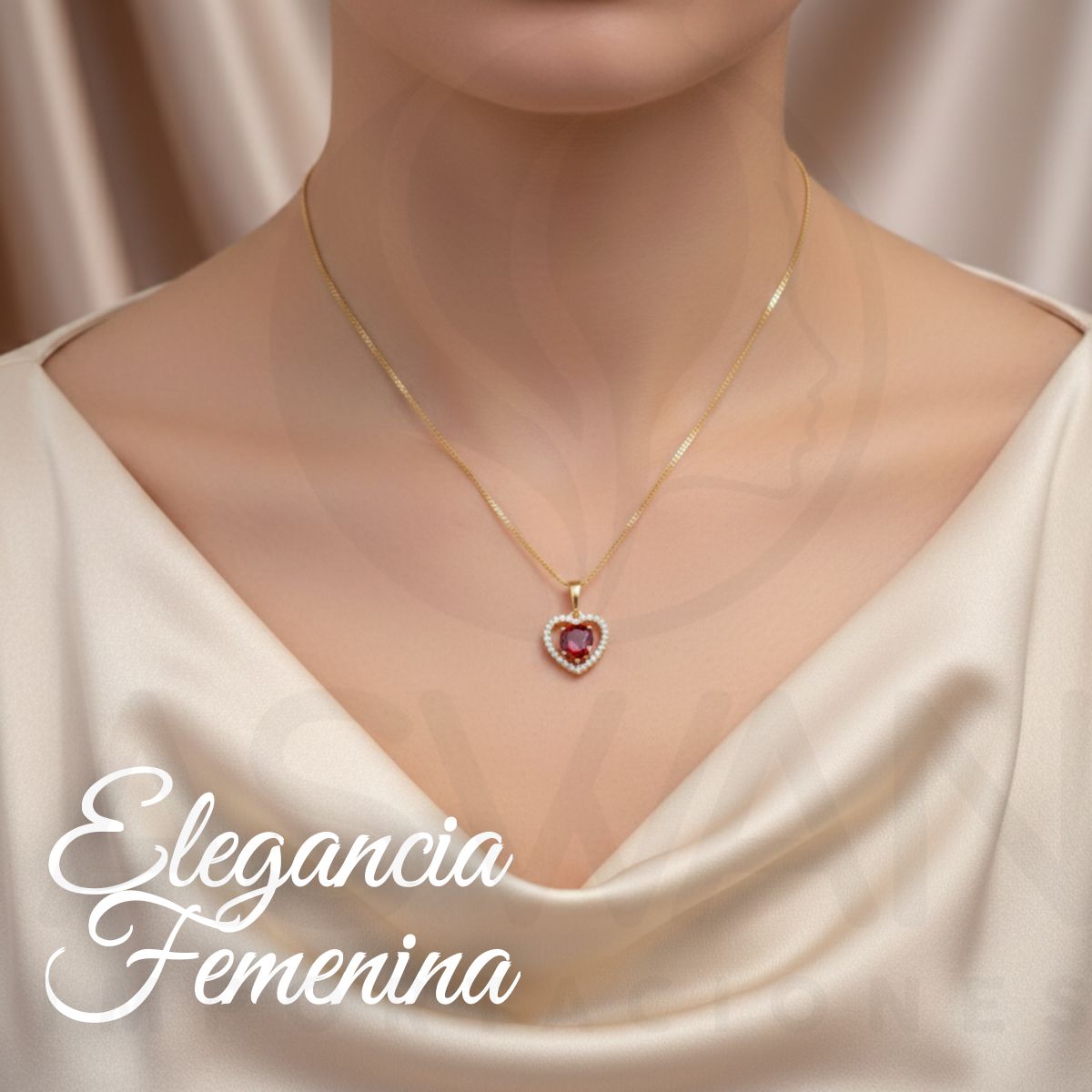 GENERICO - Collar Corazon Rubí Central con Zirconias Doble Baño en Oro - KAROLAY