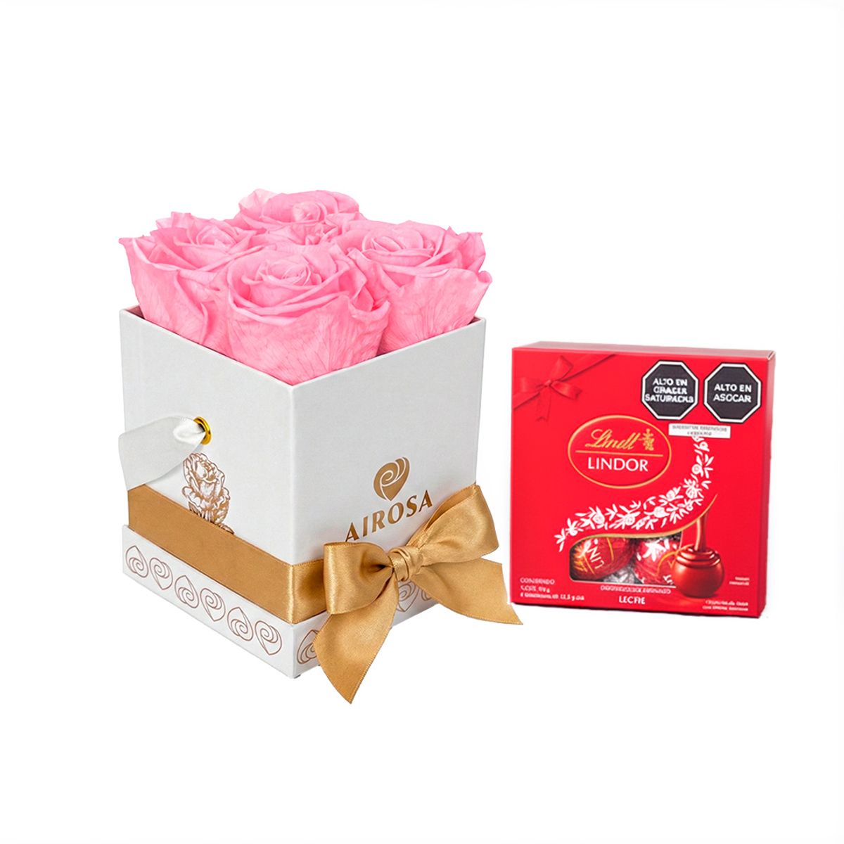 AIROSA - Rosas Preservadas Divina AIROSA - Box x4 Rosado + Chocolates Lindt