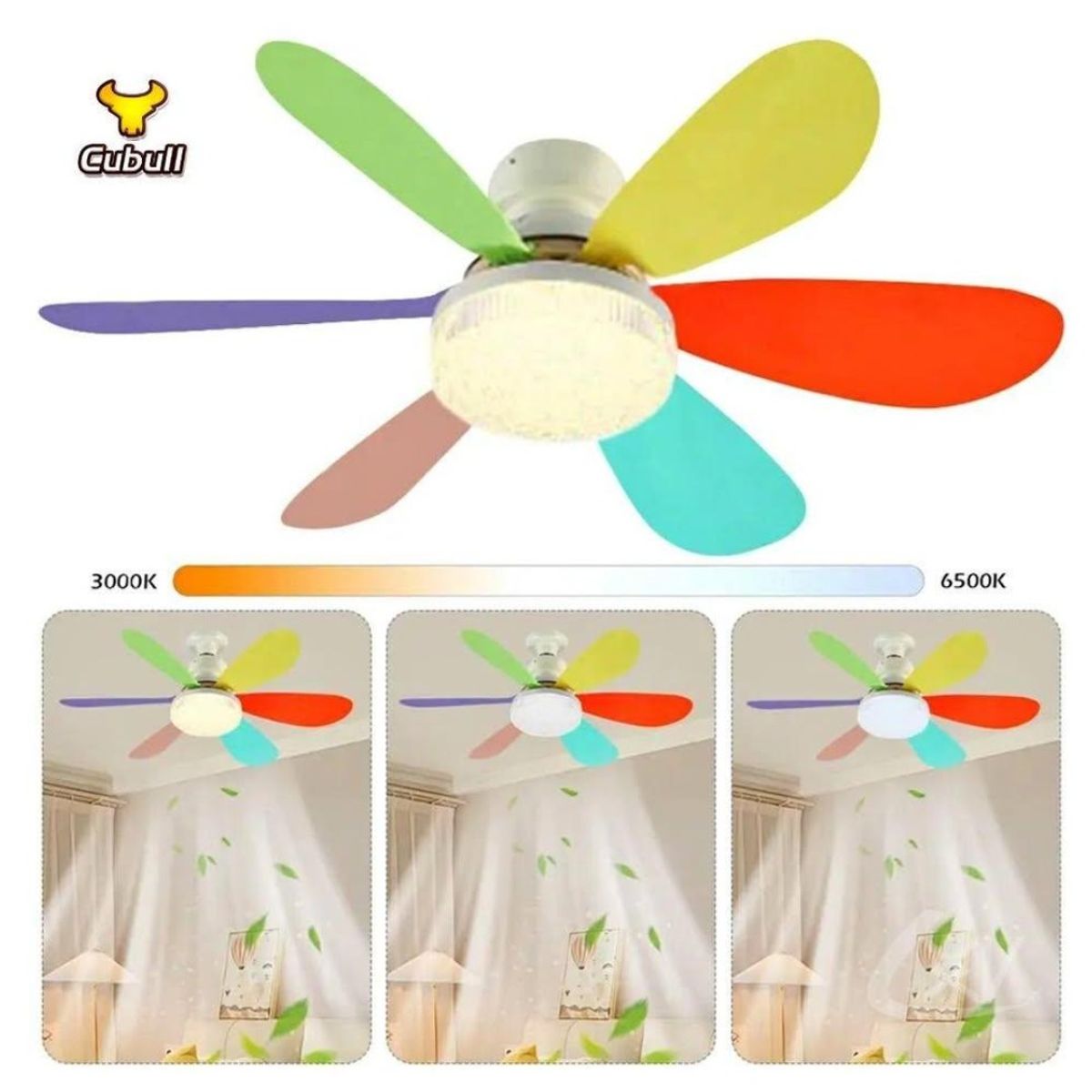 GENERICO - FOCO VENTILADOR DE TECHO, 3 LUCES 5 ASPAS DE COLORES