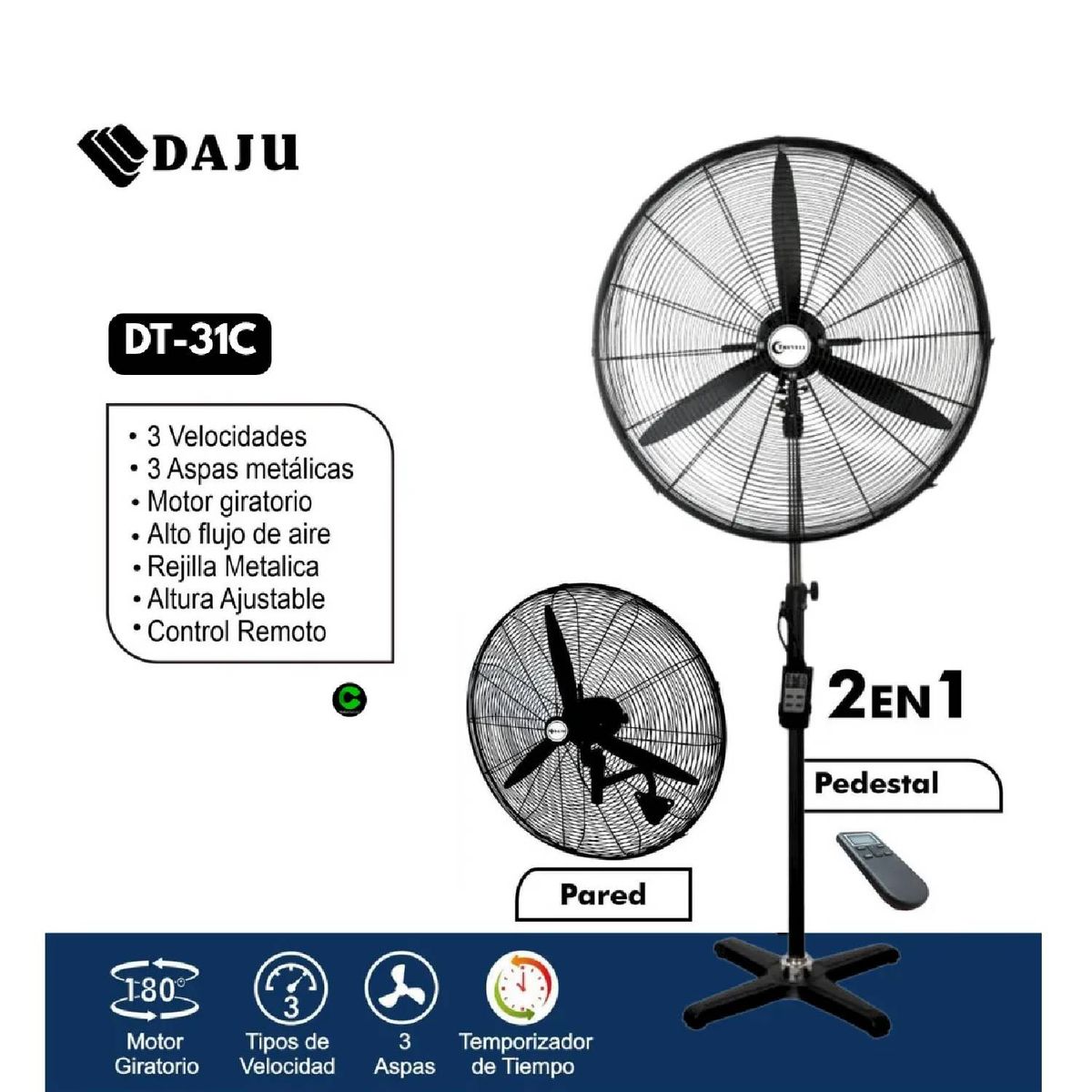 GENERICO - VENTILADOR 2 EN 1 DAJU  DT-31C 30" DE PARED Y PISO C/CONTROL REMOTO