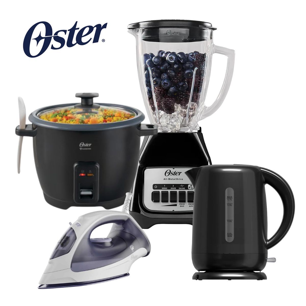 OSTER - Combo Oster Licuadora + Olla Arrocera 1.8 LT + Hervidor 1.7 LT + Plancha a Vapor