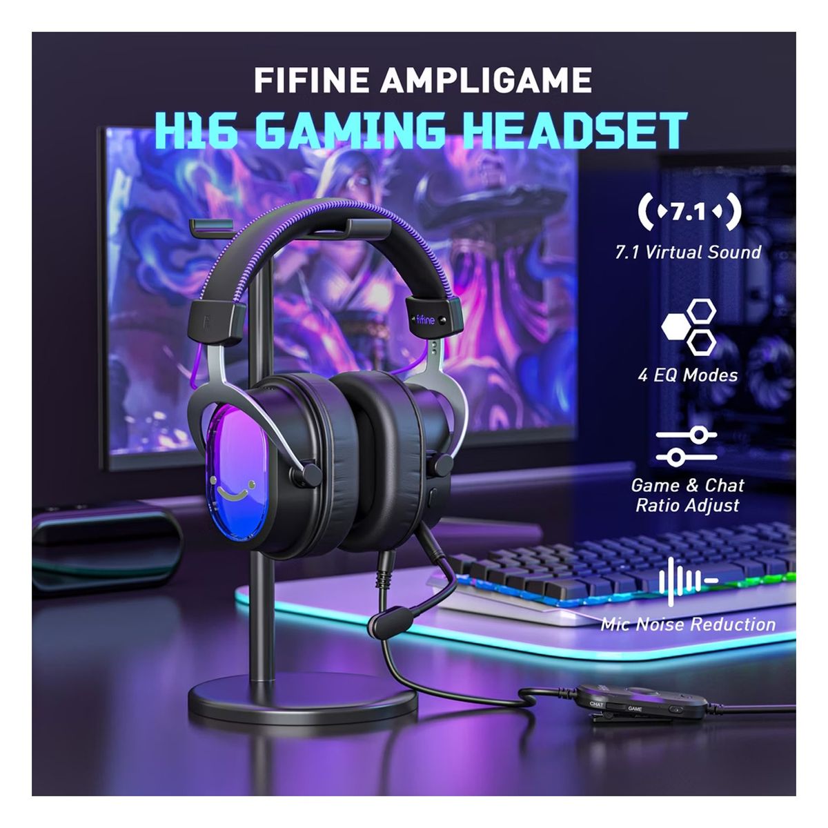 FIFINE - Fifine - Audífono Ampligame H16 RGB Sonido Virtual 7.1 - Negro