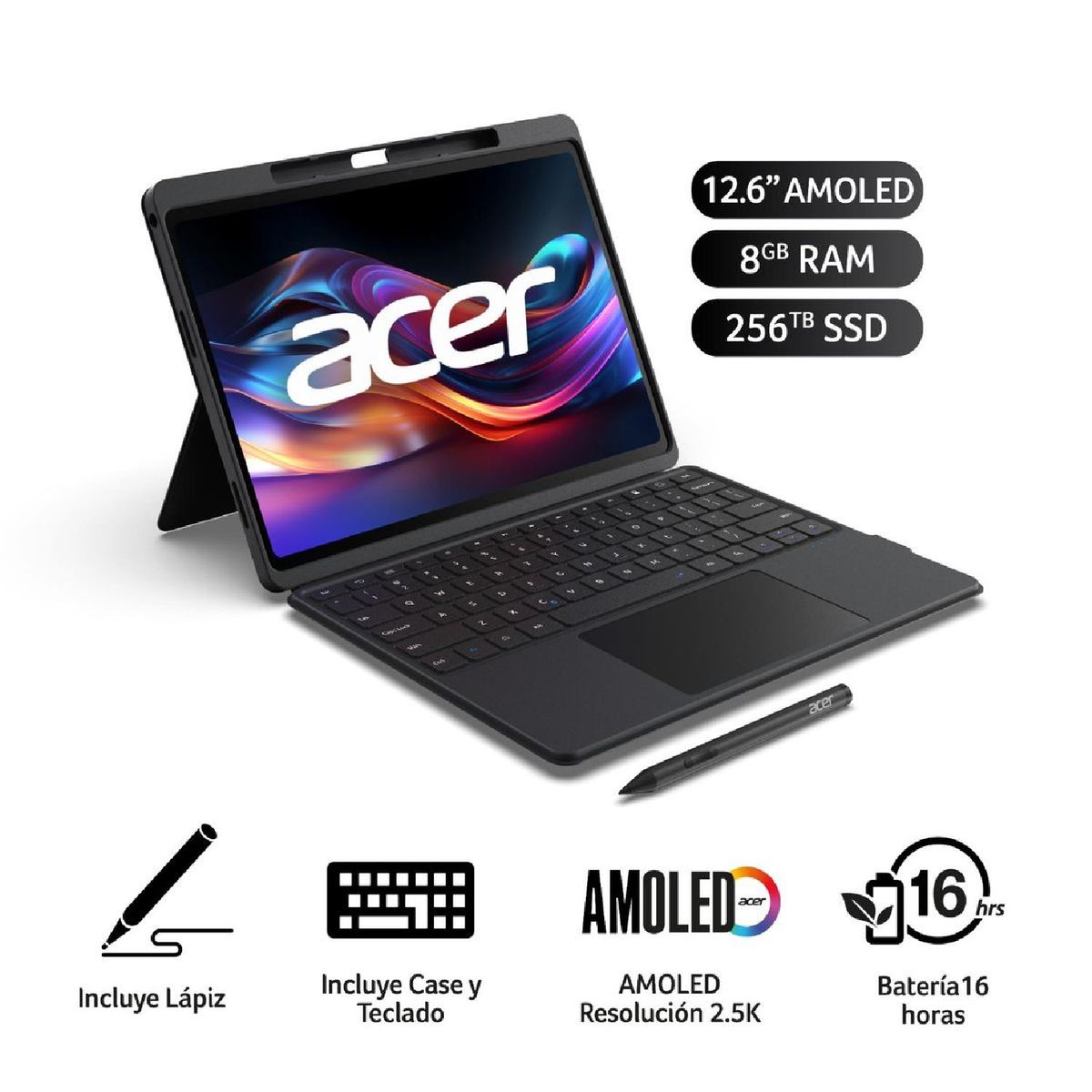 ACER - Tablet Acer Icónica X12 OLED 126” 8GB RAM 256GB + Teclado Lápiz y Case - Black