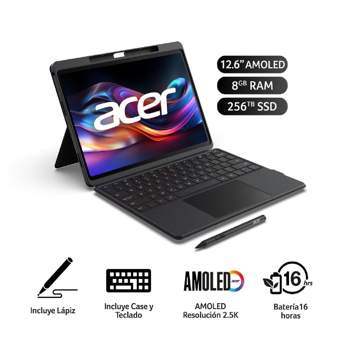ACER - Tablet Acer Icónica X12 OLED 126” 8GB RAM 256GB + Teclado Lápiz y Case - Black