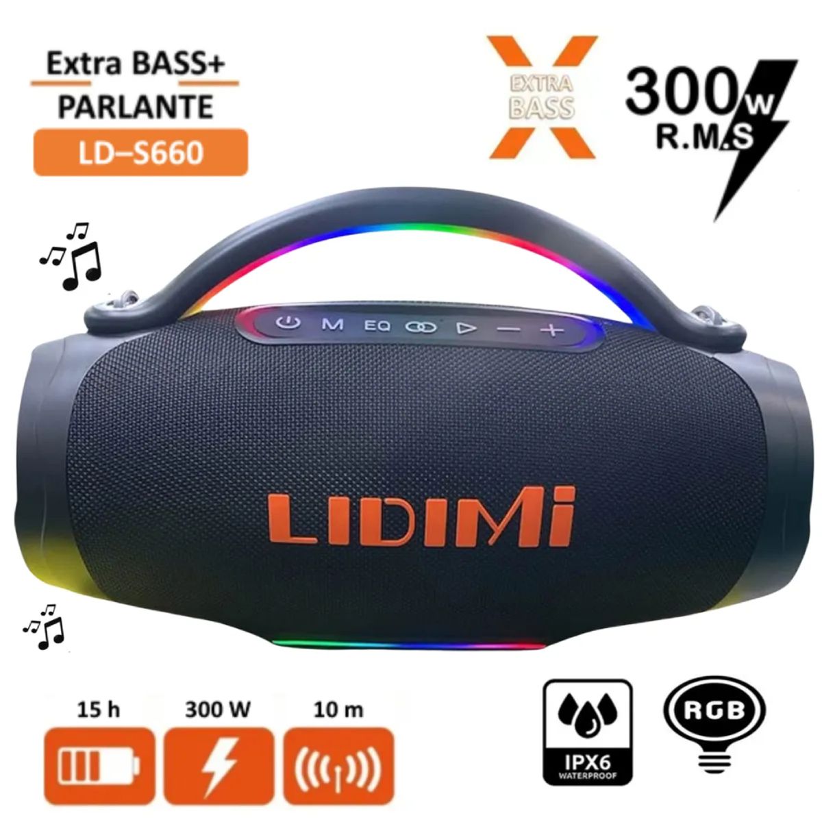LIDIMI - Parlante Portátil Bluetooth LIDIMI LD-S660 300W con Luces LED RGB y USB