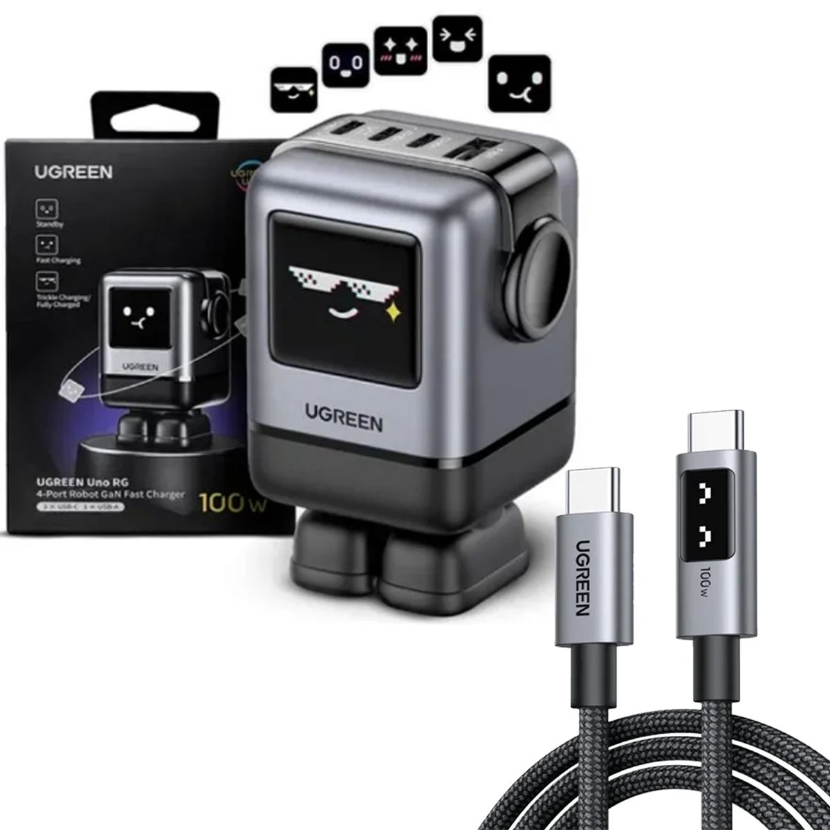 UGREEN - Ugreen Cargador Robot 100w + Cable Carita 100w 2m Negro