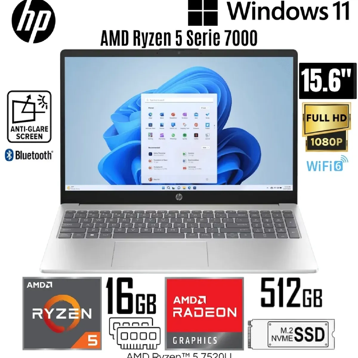 HP - Laptop HP 15-FC0256LA Ryzen 5 7520U 16GB RAM 512GB SSD 15.6” FHD Windows 11 Pro