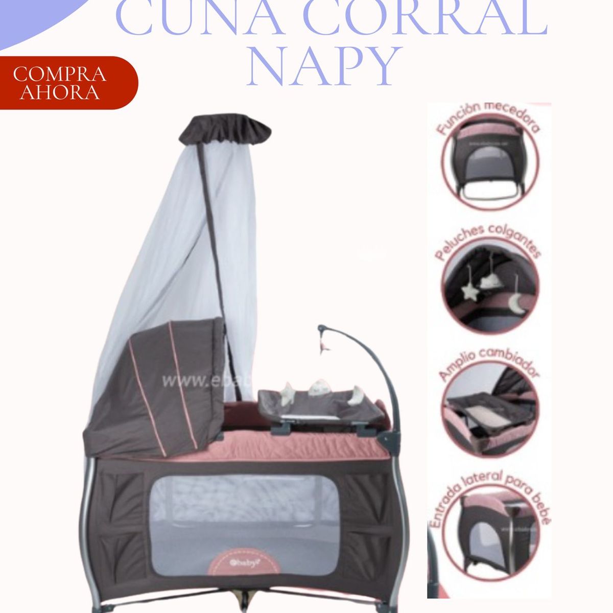 EBABY - Cuna Corral Mecedora Napy Rosado