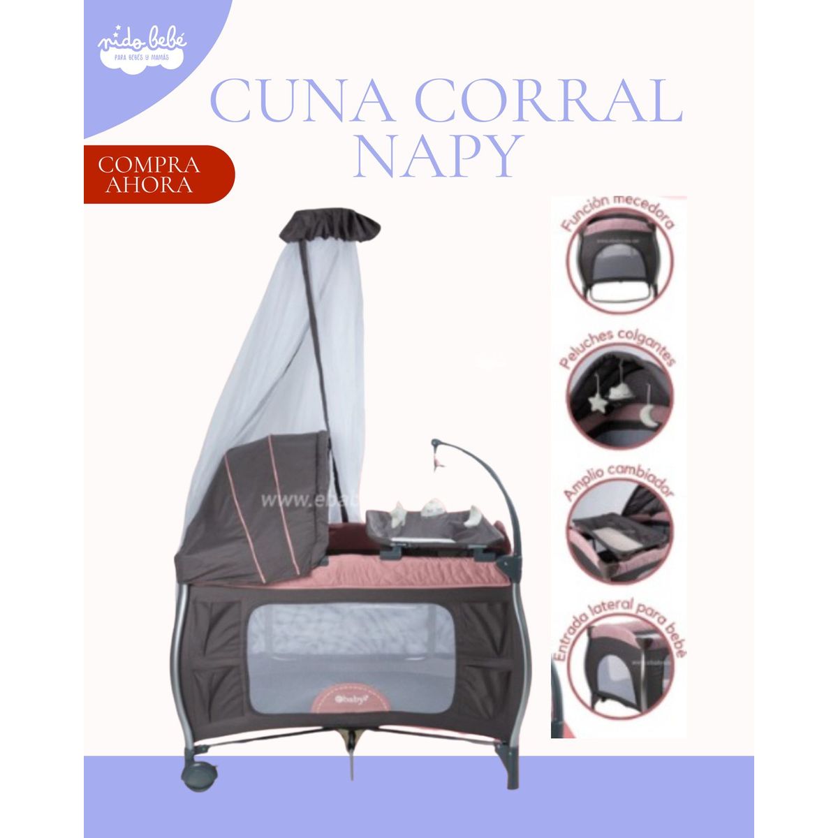 EBABY - Cuna Corral Mecedora Napy Rosado