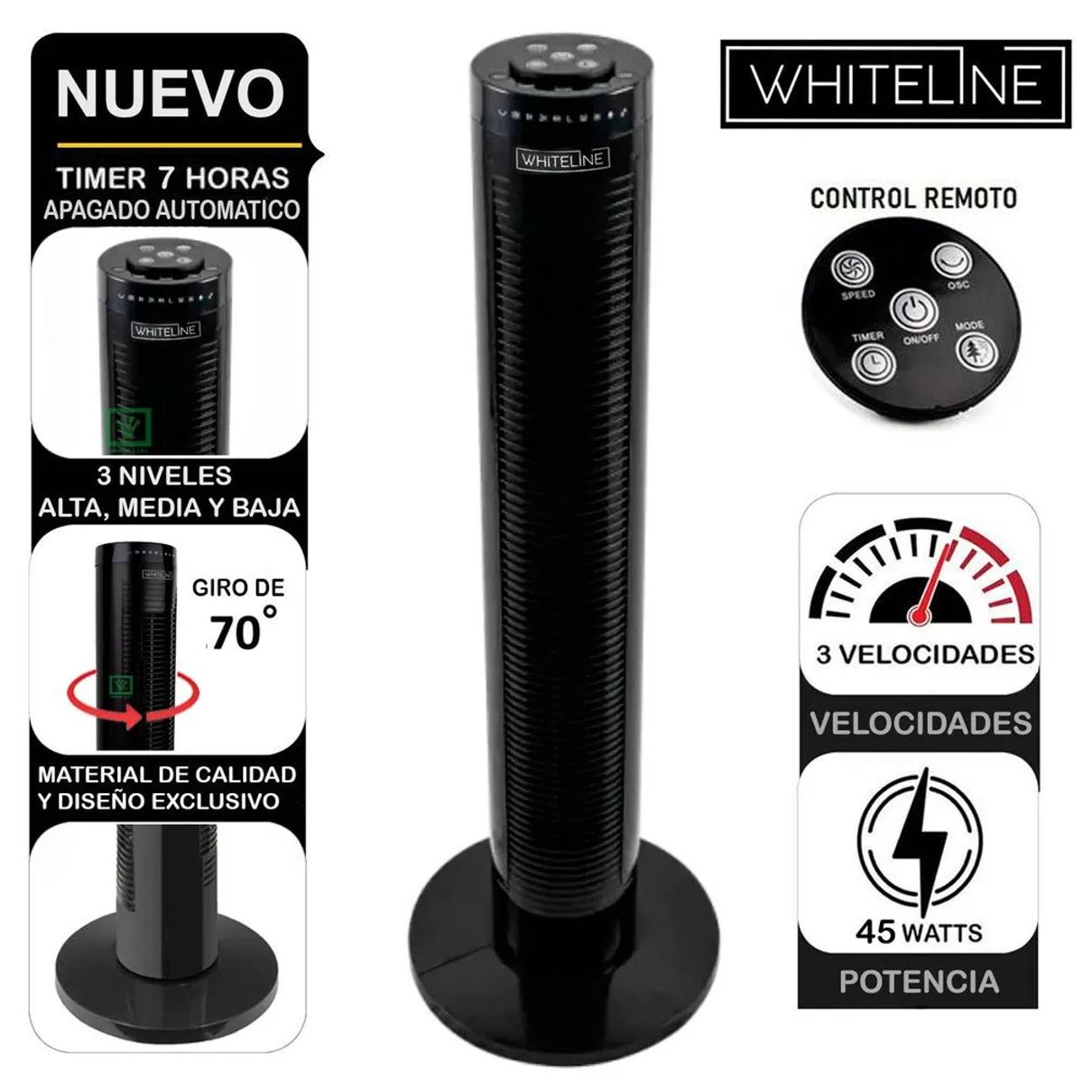 WHITELINE - Ventilador Torre Whiteline YF-T03214 45W 3 Velocidades Diseño Moderno Eficiencia Energética Negro