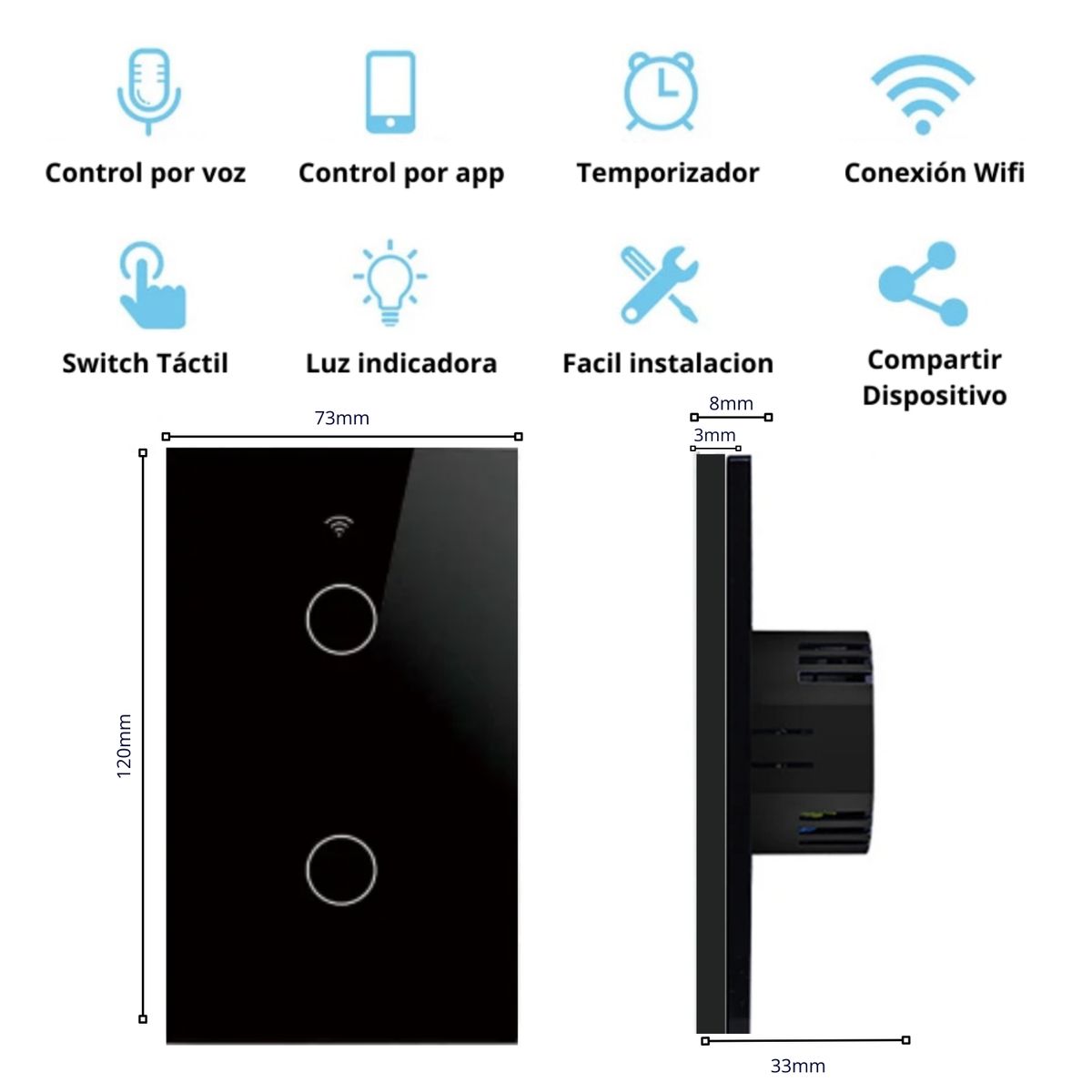 GENERICO - Interruptor Smart Wifi doble sin Neutro - Negro