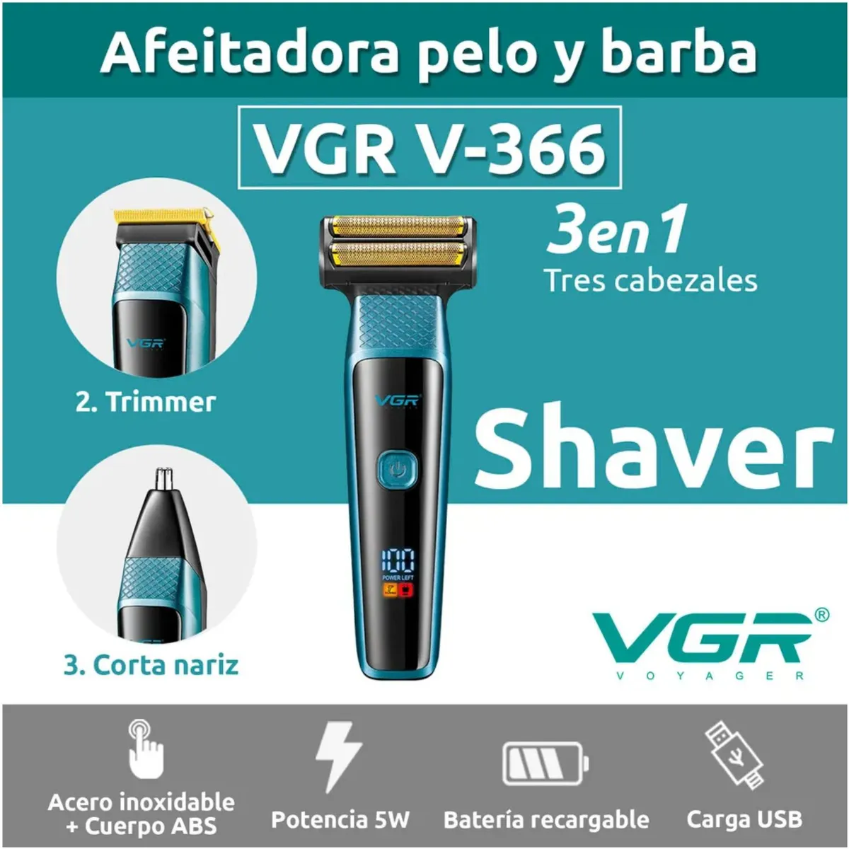 OEM - Afeitadora Eléctrica Cortadora de Cabello Barba y Nariz 3 en 1 Inalámbrica Vgr V-366