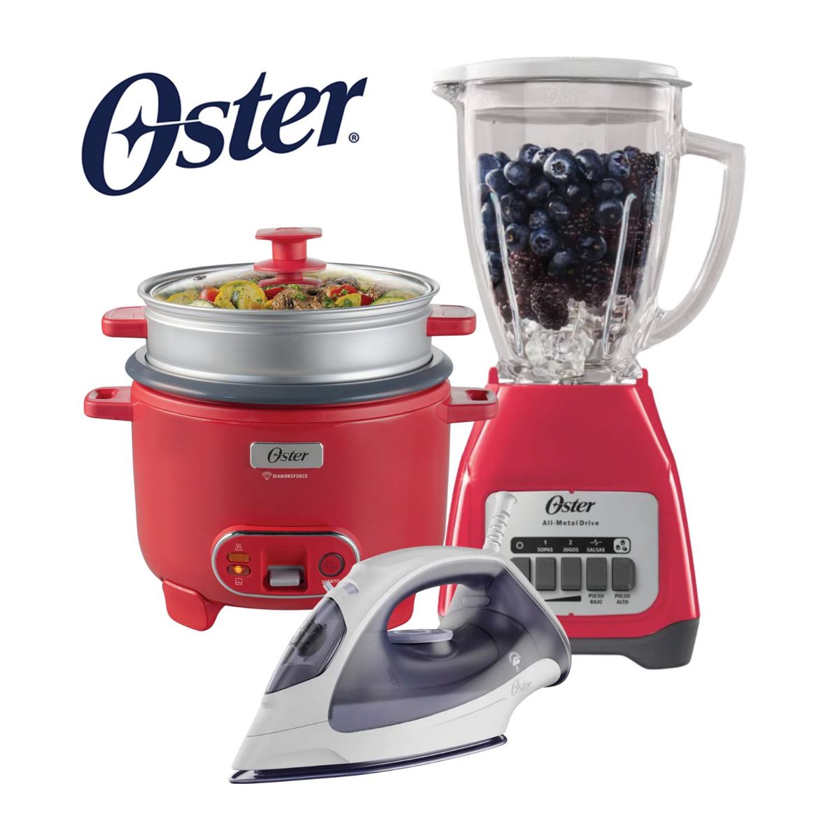 OSTER - Combo Oster Licuadora + Olla Arrocera 1.8 LT + Plancha a Vapor