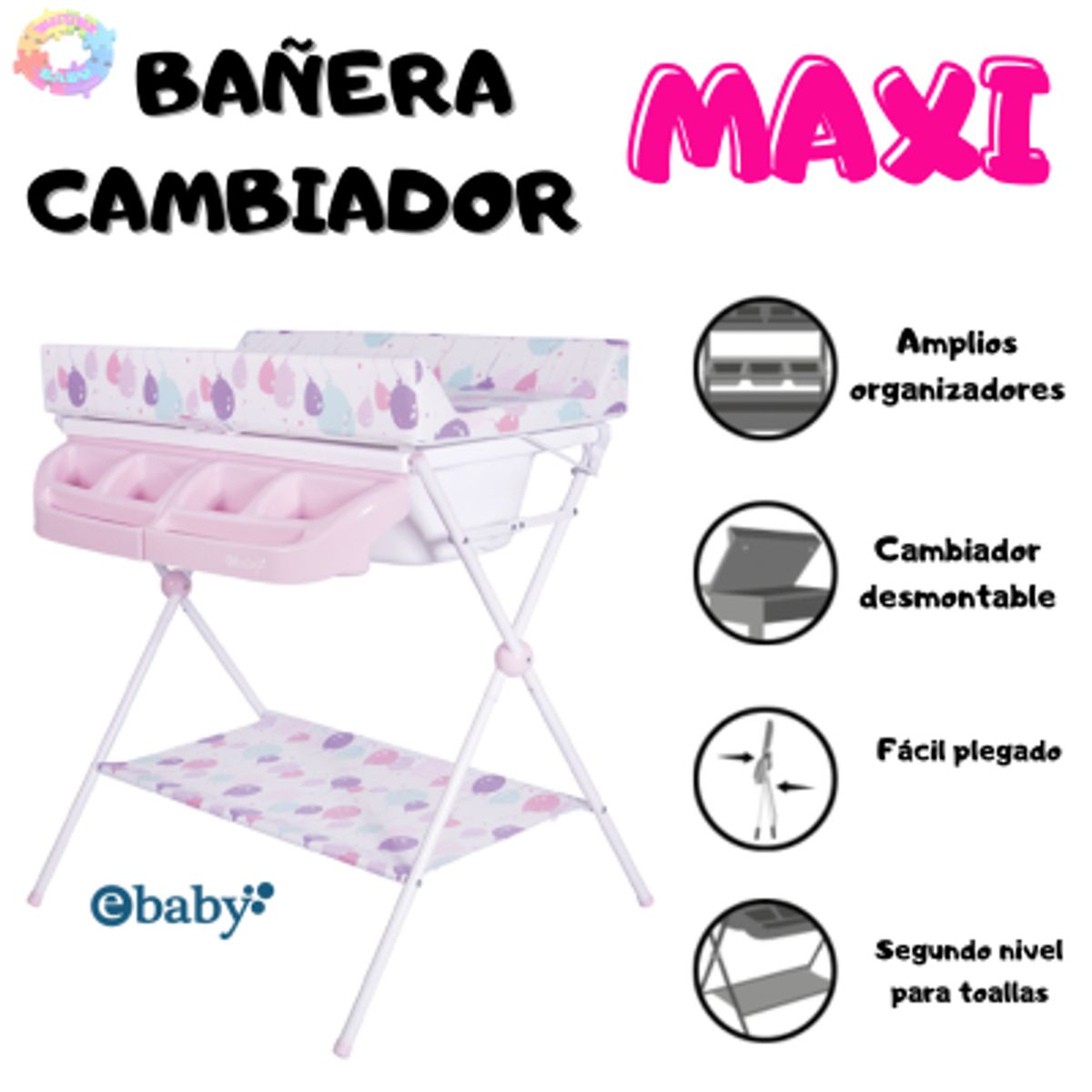 EBABY - BAÑERA CAMBIADOR MAXI CON ORGANIZADORES - ROSADO