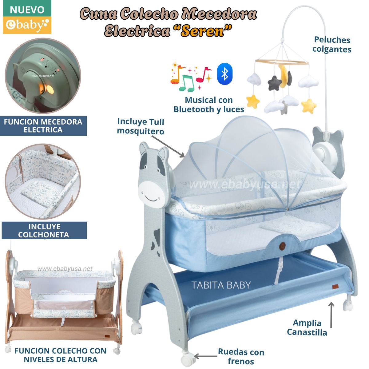 EBABY - Cuna Colecho Mecedora Eléctrica SEREN Celeste