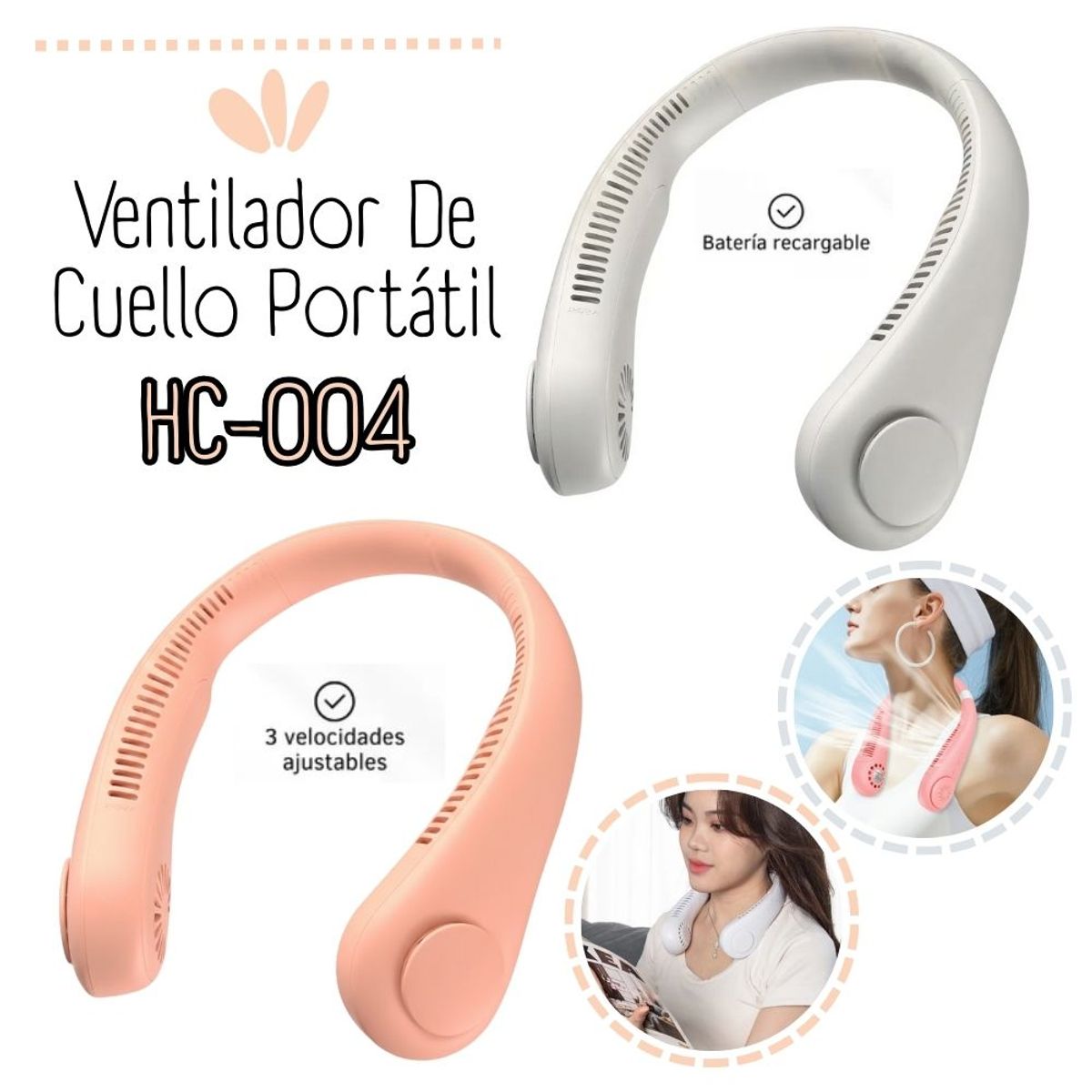 GENERICO - Ventilador De Cuello Portatil Recargable ROSADO - BLANCO