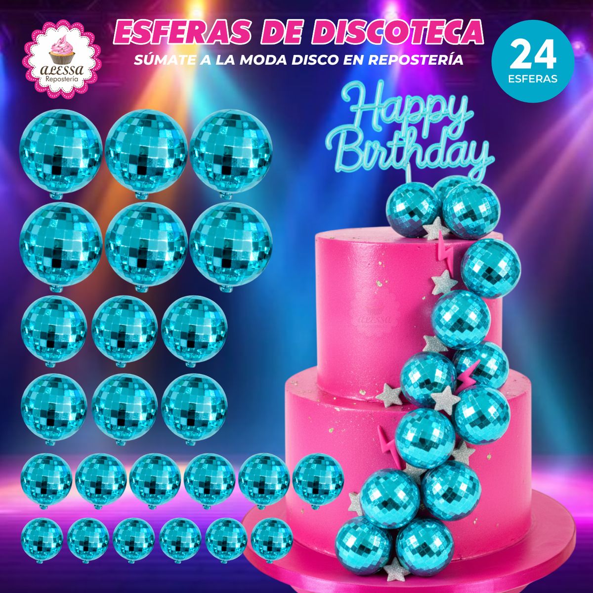GENERICO - 24 Esferas Decorativas de Discoteca color Turquesa para Repostería