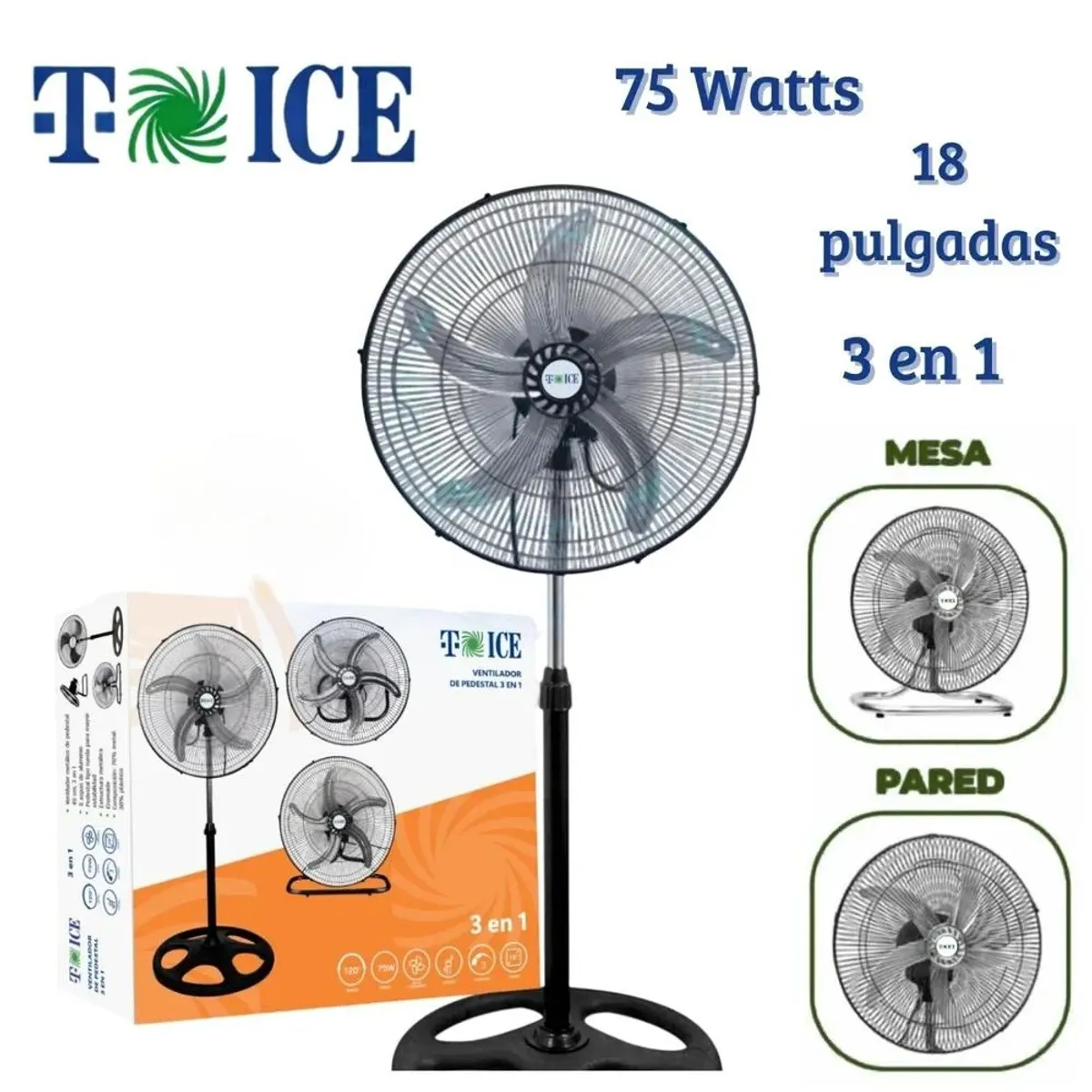 GENERICO - Ventilador T-ICE 75 Watts, 3 en 1 Pedestal, Mesa y Pared