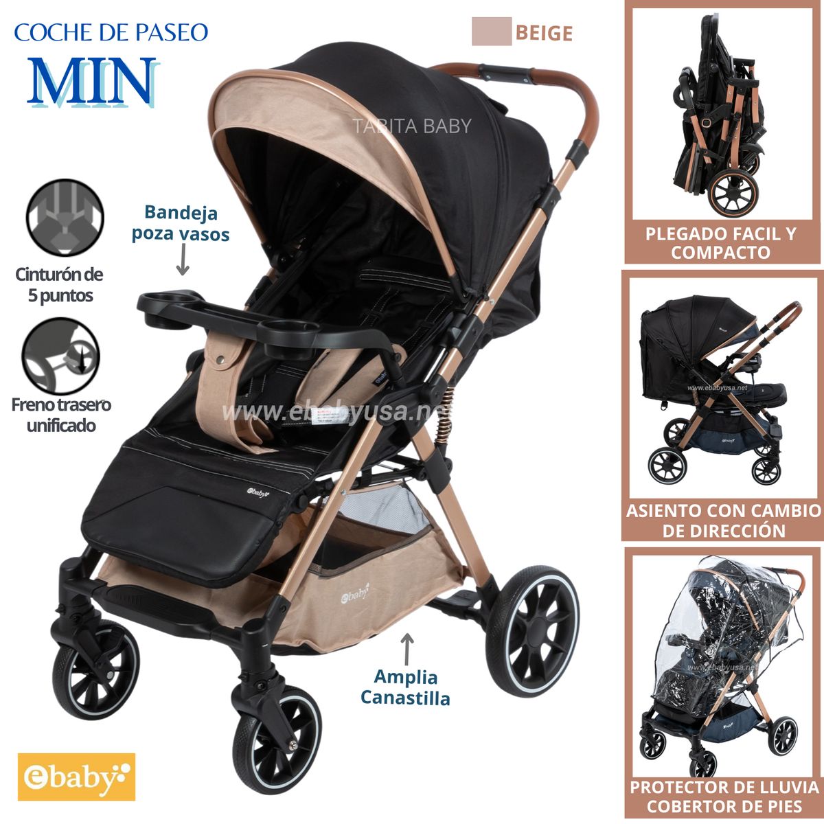 EBABY - Coche de paseo con protector de lluvia y bandeja MIN Beige