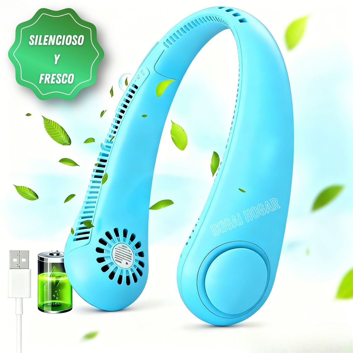 PREMIUM - Ventilador De Cuello Portátil y Recargable De 03 Velocidades - Celeste