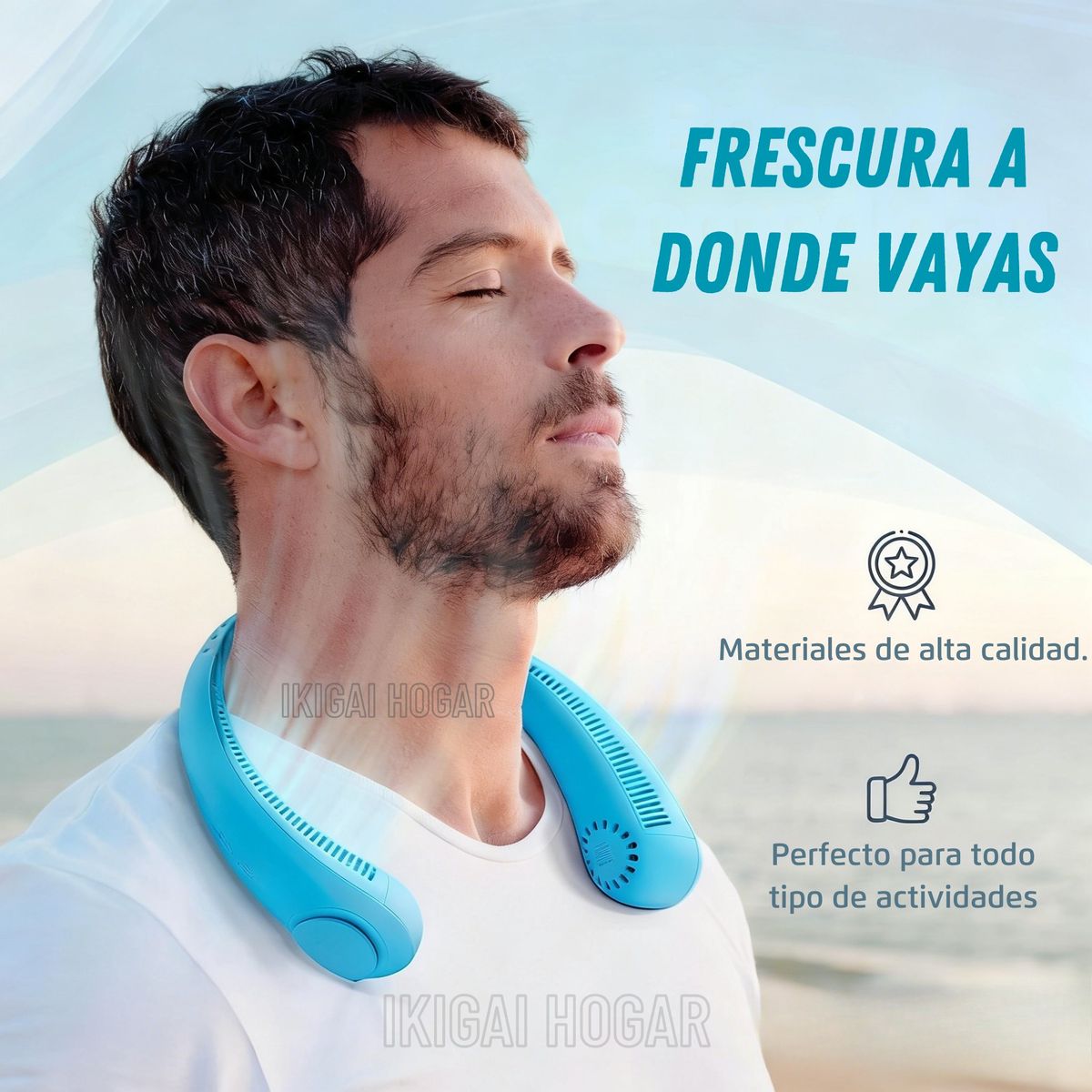 PREMIUM - Ventilador De Cuello Portátil y Recargable De 03 Velocidades - Celeste
