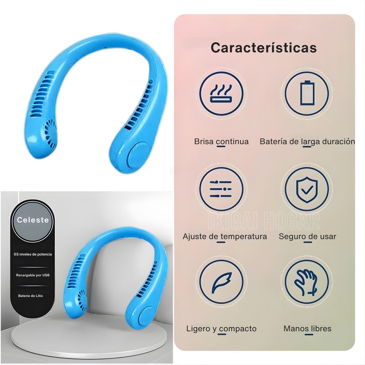 PREMIUM - Ventilador De Cuello Portátil Recargable 3 Velocidades USB Manos Libres - Celeste