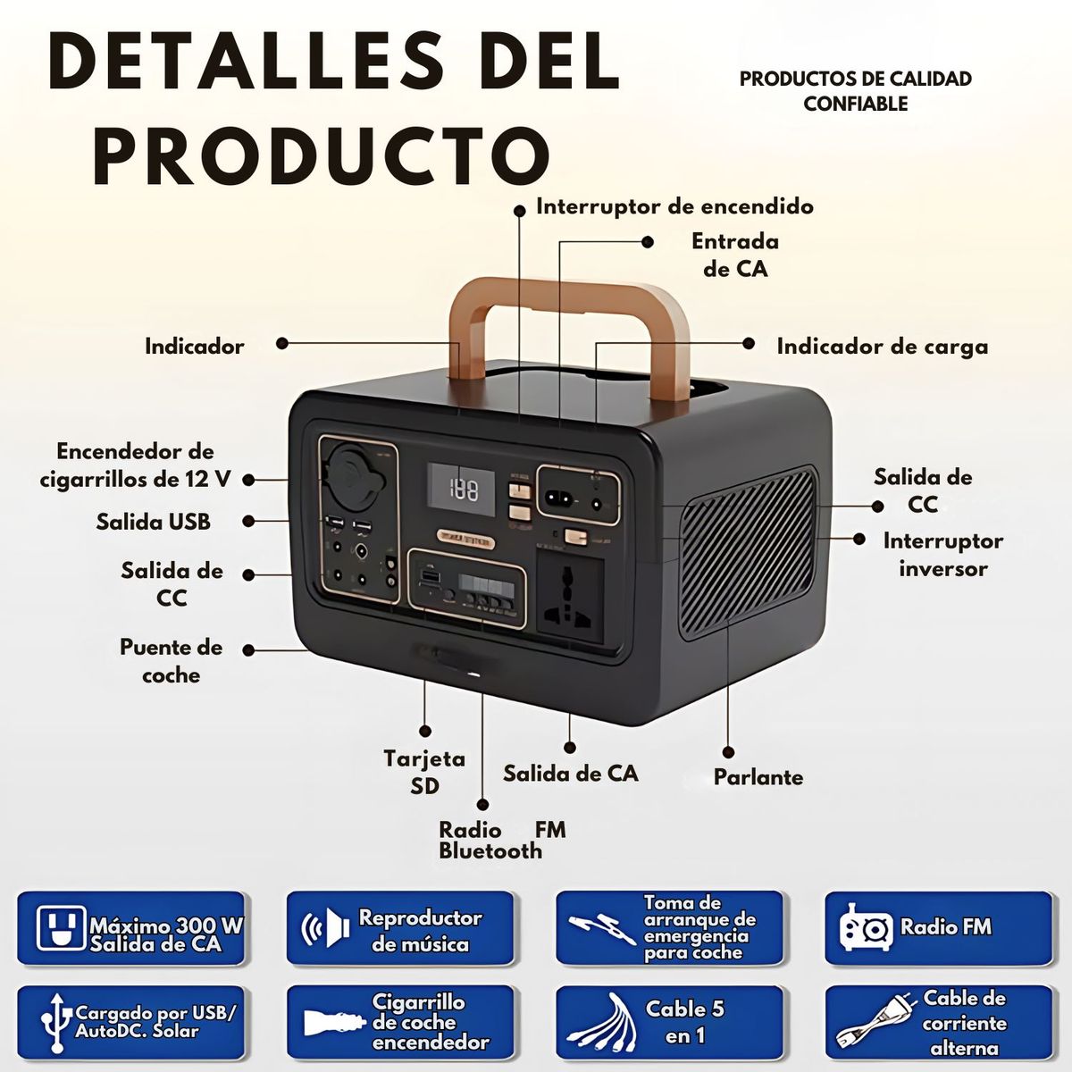 LIDIMI - Estación de Energía Portátil 300W con Panel Solar Radio FM Bluetooth y Luces LED