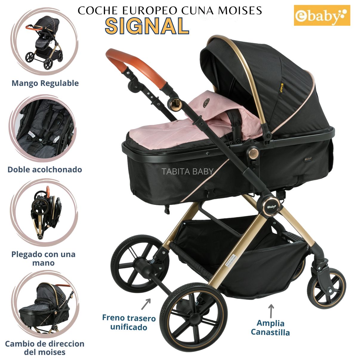 Coche Cuna Moisés Extra acolchado Signal Rosado, marca EBABY - Foto Principal