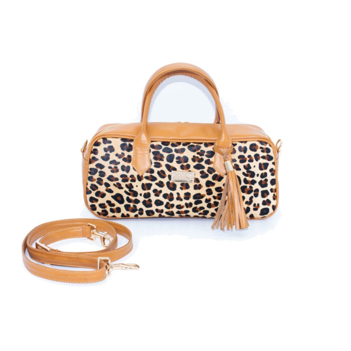 ADELLE RIGAU - CARTERA EN CUERO TIPO BARRIL CON DETALLES EN PELO VACUNO COLOR CAMEL